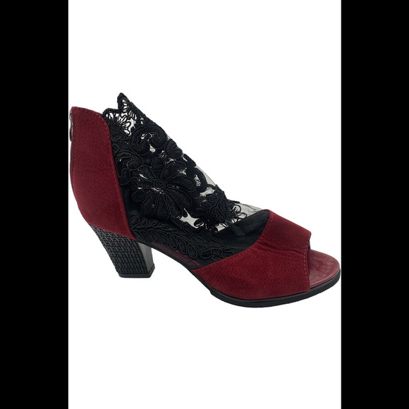 Jsaierl Women's Lace Peep Toe Ankle Boot Red/Black - Medium - Picture 1 of 3